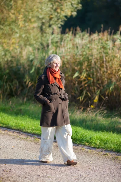 Старшая женщина, гуляющая в парке — стоковое фото
