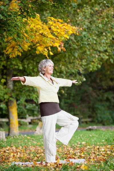 Frau steht auf einem Bein beim Yoga im Park — Stockfoto