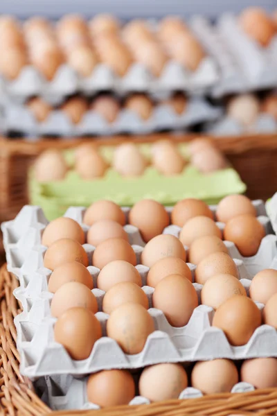Яйца на картонах в супермаркете — стоковое фото