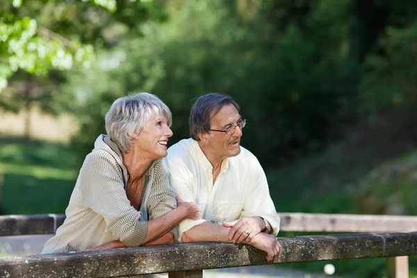 Old couple relaxing while standing on the bridge — Stock Photo, Image