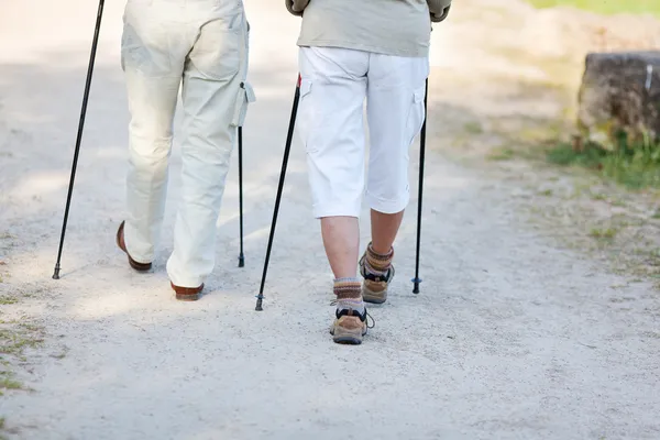 Couple traveling with nordic walking sticks — Stock Photo, Image