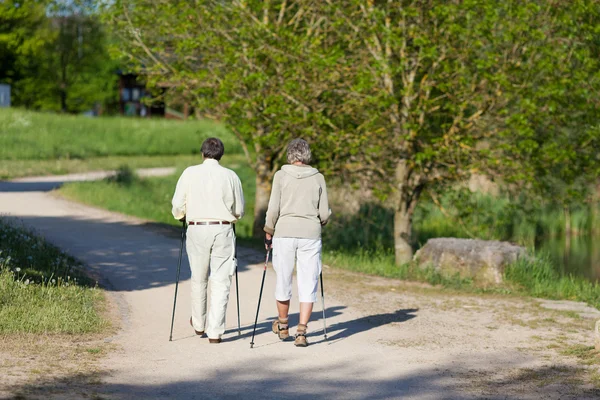 Älteres Ehepaar wandert gemeinsam durch den Park — Stockfoto