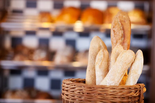 Fresh baguettes in a bakery — Stock Photo, Image