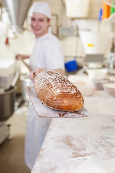 Taze pişmiş ekmek taşıyan baker — Stok fotoğraf
