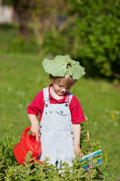 Мальчик поливает растения с листьями на голове во дворе — стоковое фото
