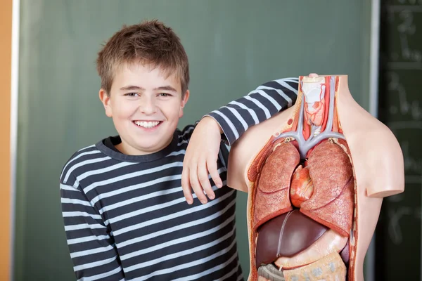 Jonge jongen glimlachend in biologie klasse — Stockfoto