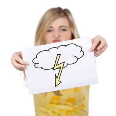 Displeased Teenage Girl Holding Cloud And Zig Zag Arrow On Paper clipart