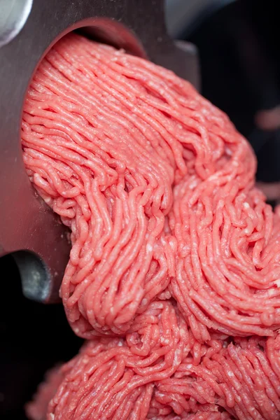 Gehakt vlees uit grinder voortvloeiende — Stockfoto