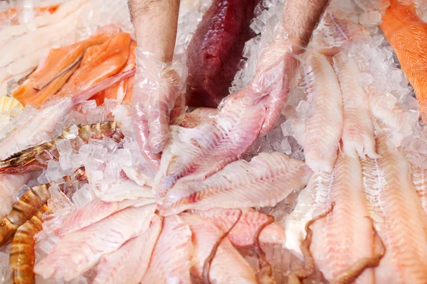Munkavállaló kezében tartva szeletelt hal megőrzése — Stock Fotó