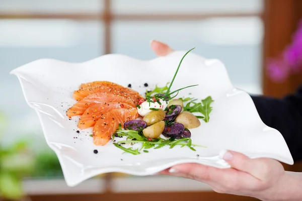 Seasoned salmon dish with herbs — Stock Photo, Image