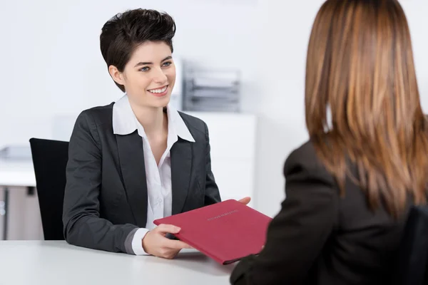 Candidate Giving File To Businesswoman At Desk — Stock Photo, Image