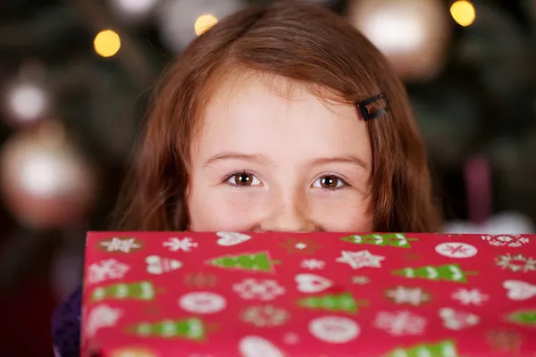 Verspieltes kleines Mädchen mit einem Weihnachtsgeschenk — Stockfoto