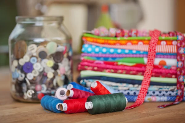 Yarns and fabric used in needlework — Stock Photo, Image