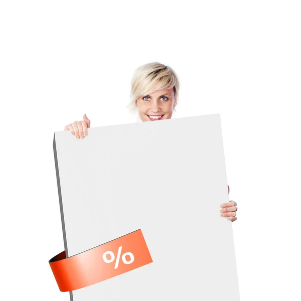 Smiling Woman Holding Board For Discounts — Stock Photo, Image