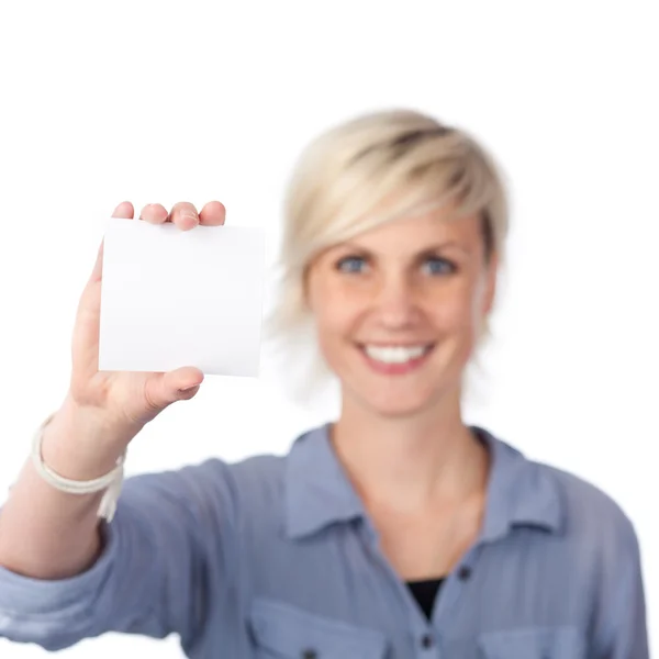 Blurred Woman Holding Blank Card — Stock Photo, Image