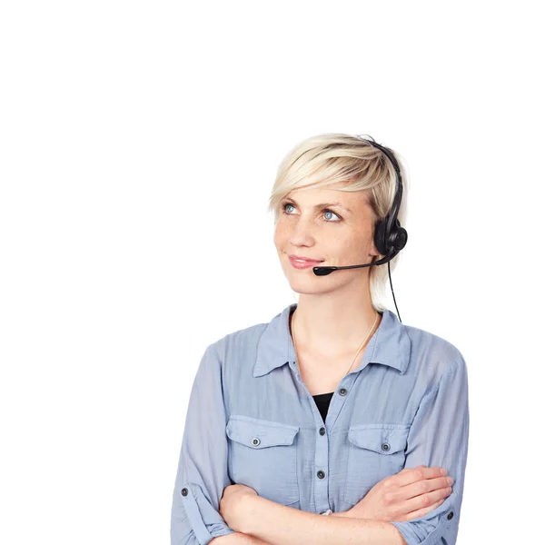 Junge blonde Frau mit Headset — Stockfoto