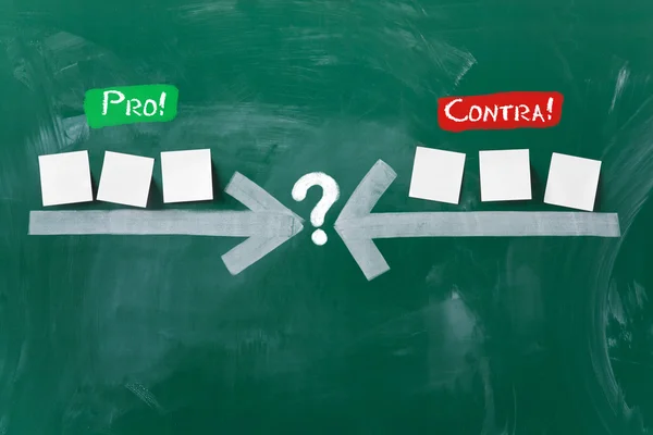 Arrows pointing at question mark with sticky notes on blackboard — Stock Image Arrows pointing at question mark with sticky notes on blackboard Stock Photo