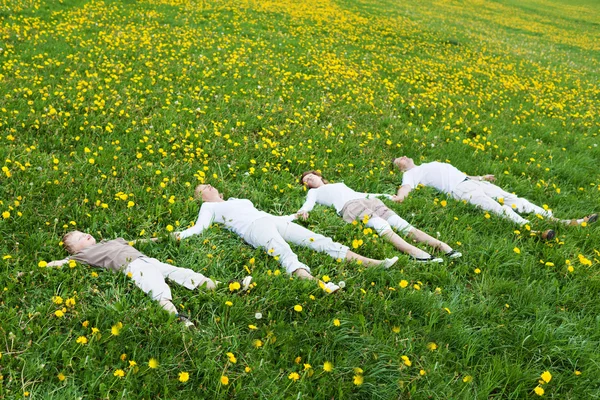 Family lying on flower meadow — Stock Photo, Image