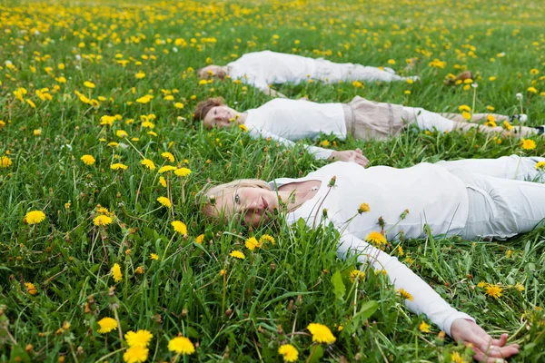 Família deitada no campo gramado — Fotografia de Stock