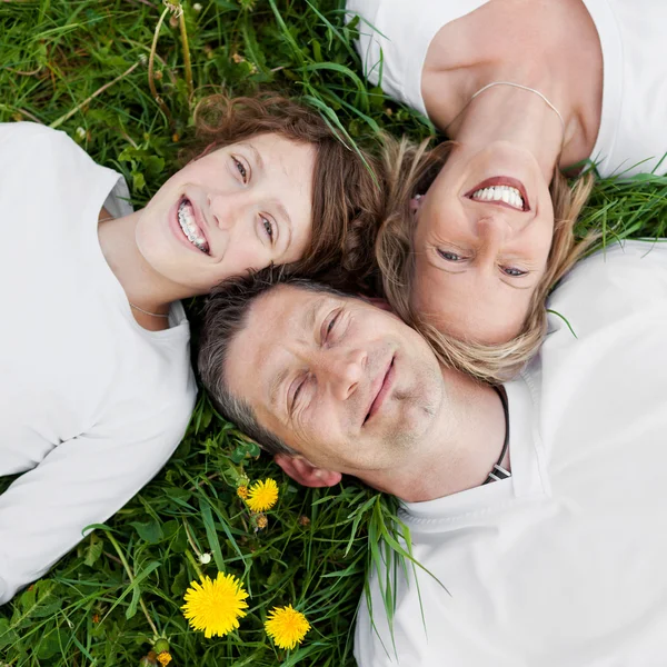 Familia feliz acostada sobre hierba verde — Foto de Stock
