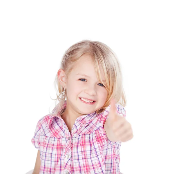 Girl Showing Thumbs Up Sign Against White Background — Stock Photo, Image