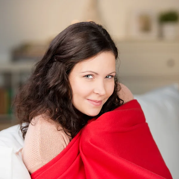 Woman Wrapped In Shawl At Home — Stock Photo, Image