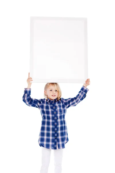 Girl Holding Blank Billboard Against White Background — Stock Photo, Image
