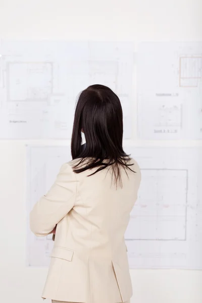 Architect studying building blueprints on a board — Stock Photo, Image