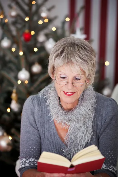 Elderly lady reading a book at Christmas — Stock Photo, Image