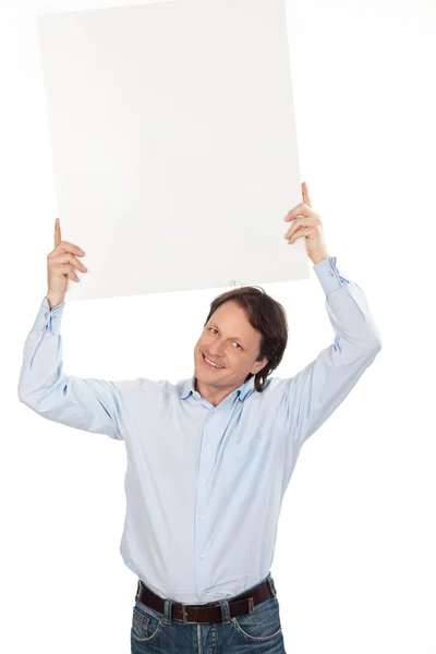 Adamın başının üzerinde boş bir tabela holding — Stok fotoğraf