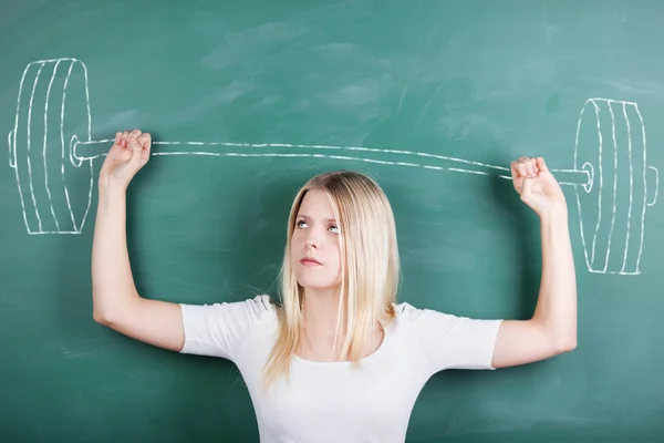 Female Student With Barbell Drawn On Chalkboard — Stock Photo, Image