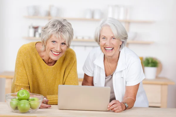 Vrouwelijke vrienden met laptop leunend op aanrecht — Stockfoto