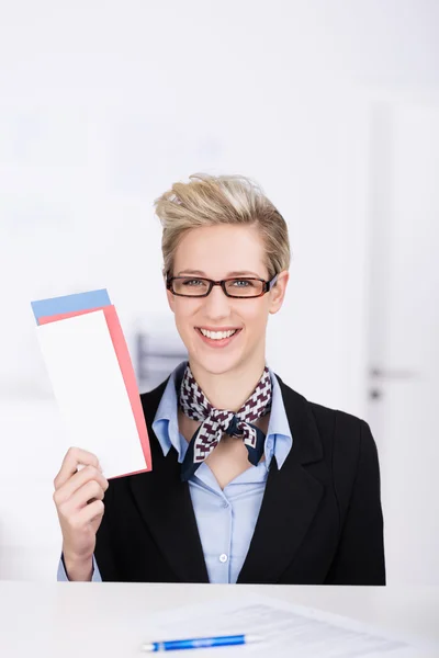 Travel hostess or receptionist with a ticket — Stock Photo, Image