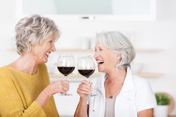 Twee senior dames met rode wijn — Stockfoto