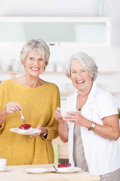 Livlig senior kvinnor njuter av tårta för te — Stockfoto