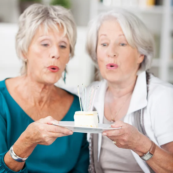 Duas mulheres idosas olhando um pedaço de bolo delicioso — Fotografia de Stock