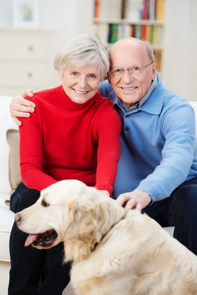 Amour couple âgé avec leur golden retriever — Photo