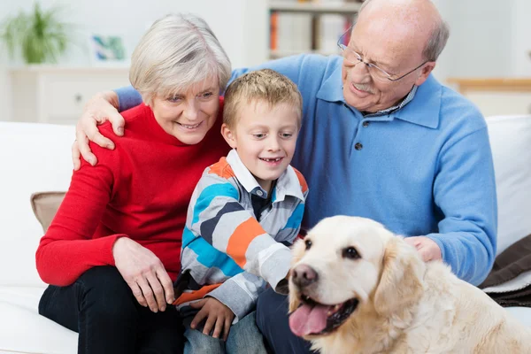 Großeltern mit Enkel und Haustier-Retriever — Stockfoto