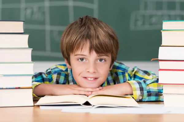 Boy in school surrounded by textbooks — Stock Photo, Image