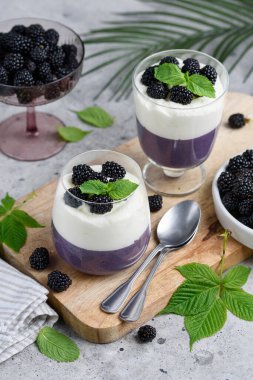 Krem şantili böğürtlen kreması, taze böğürtlen ve nane. Sağlıklı yaz porsiyonlu tatlı. Seçici odak. 