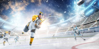 Puck 'ın son atışı ve gol. Gerginlik ve öfke. Profesyonel hokey oyuncusu iş başında. Spor duyguları. Hokey konsepti. Spor.