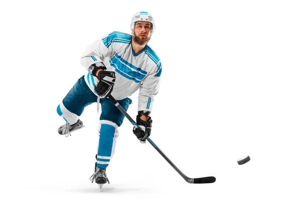 Athlete in action. Professional hockey player on white background. Sports emotions. Hockey concept — Stock Photo, Image