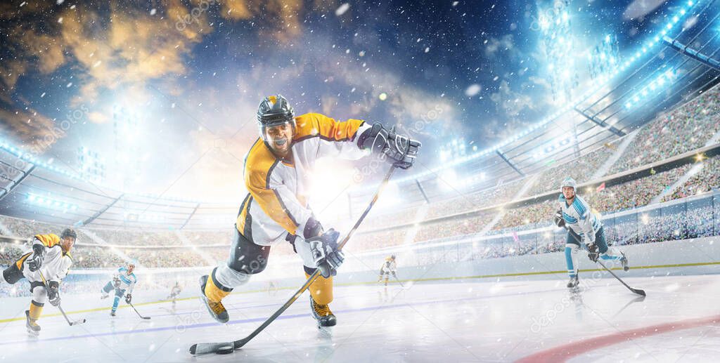 Hockey player in helmet and gloves at the winter stadium. Sport concept. Athlete in action. Winter
