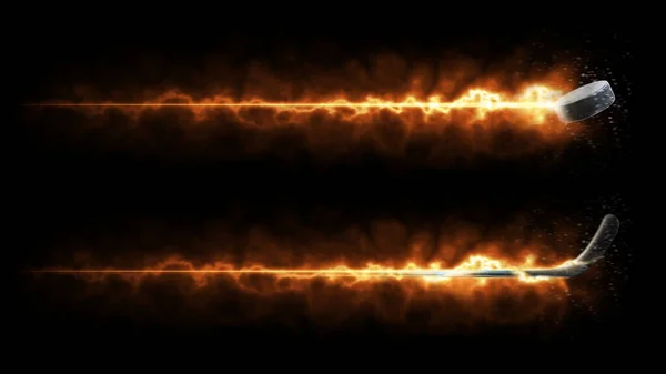 Hokey mi? Spor. Hokey sopası ve disk. Uçan hokey ekipmanları. Siyah arka planda izole edilmiş. Spor enerjisi