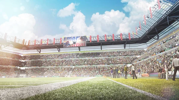 Stadion. 3D professionelle American-Football-Arena tagsüber mit grünem Gras und Lichtstrahlen. Stadion voller Fans. Freizeit — Stockfoto