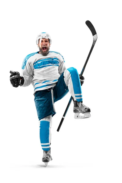 Atleet Actie Zeer Emotionele Hockeyspeler Met Stok Puck Zijn Handen — Stockfoto