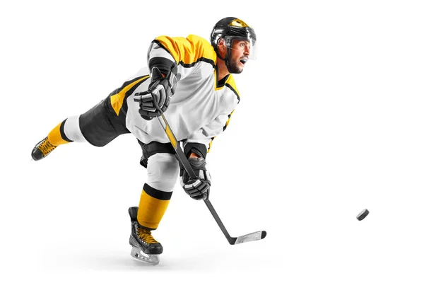Hockey Power Shot Hockey Player Helmet Gloves White Background Athlete — Photo