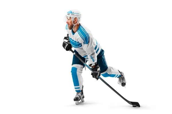 Professional Hockey Player Helmet Gloves White Background Side View Athlete — Stock Photo, Image
