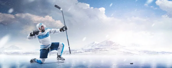 Professional Hockey Player Helmet Gloves Stick His Hands Imitation Archery — Stock Photo, Image