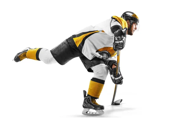 Athlete Action Professional Hockey Player Helmet Gloves White Background Sports — Fotografia de Stock